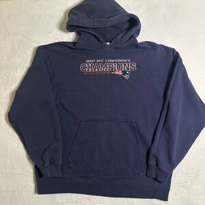 Vintage Reebok NFL New England Patriots 2007 AFC Champions Hoodie Navy Large Y2K